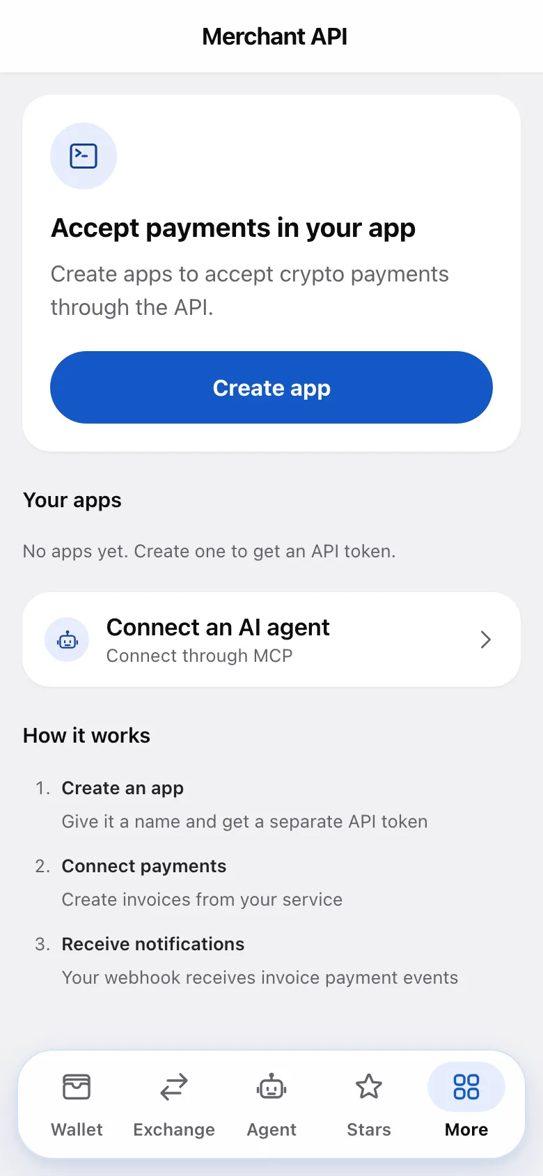 The Merchant API screen: create an app to get an API token